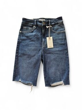 Good American High Rise Bermuda Denim Shorts Dark Indigo Raw Hem Size 0 / 25